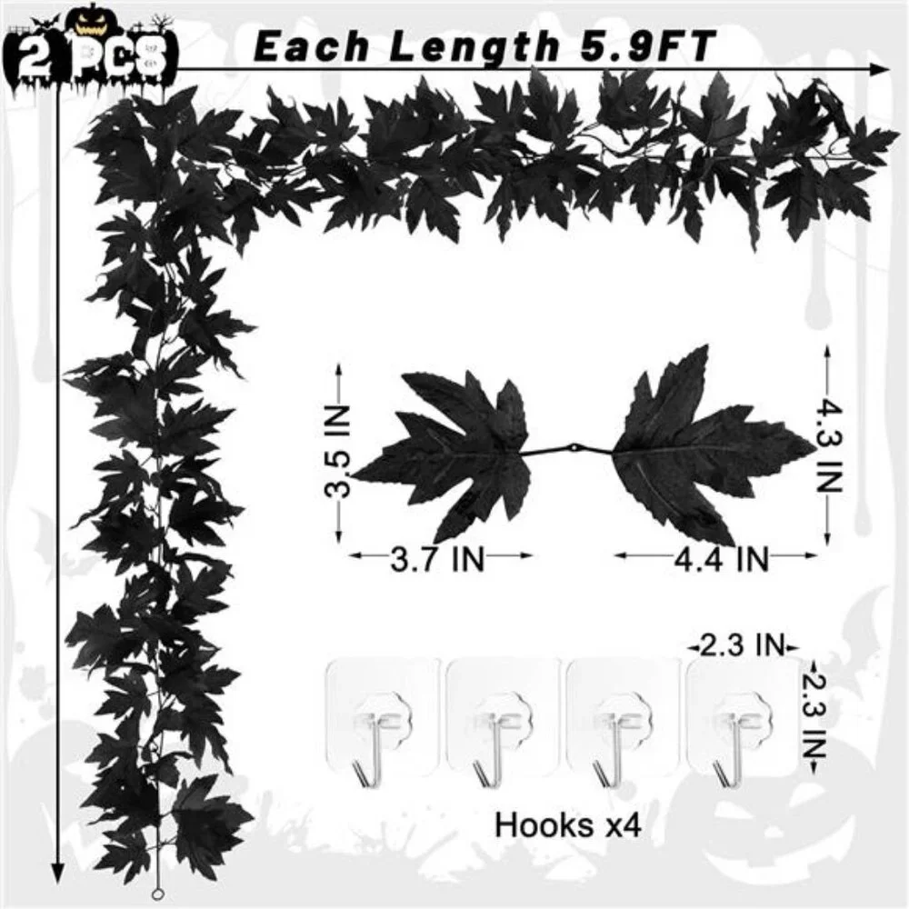11.8FT Halloween Garland, 2 Pack Black Maple Leaf Garland, Realistic Halloween